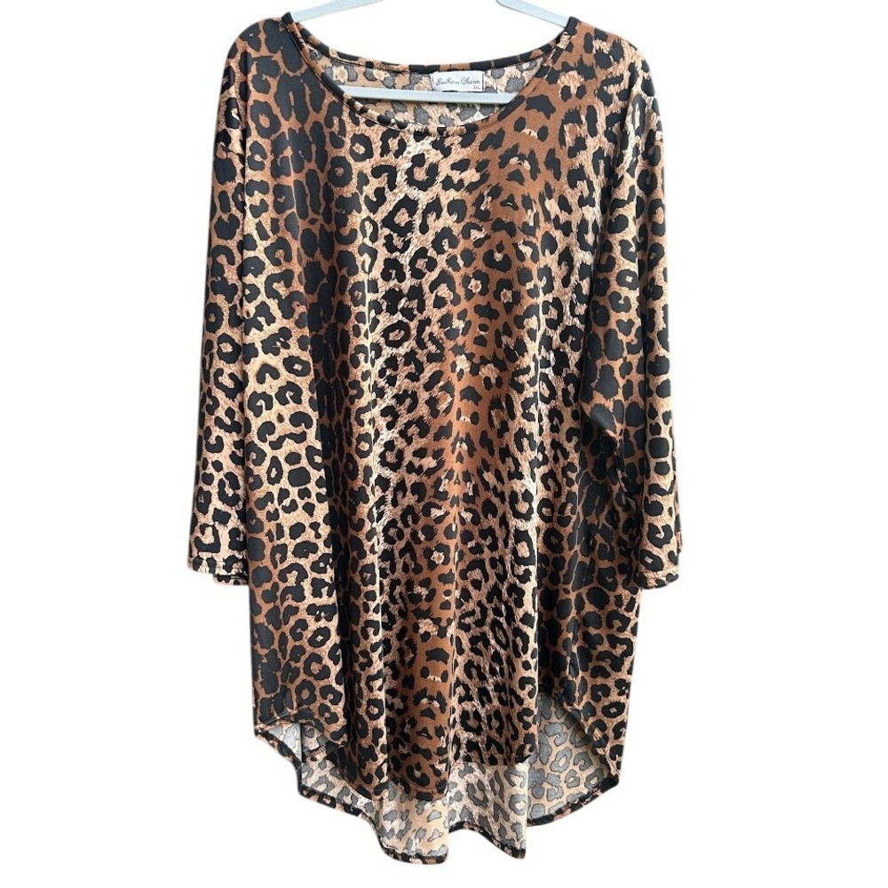 Southern Charm Leopard Print Tunic Top 3XL Brown‎ Black High Low 3/4 Sleeve 3XL